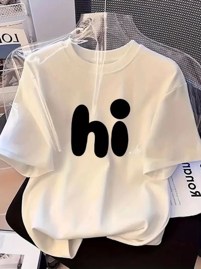 Baskılı Oversize Bisiklet Yaka T-shirt - Beyaz resmi
